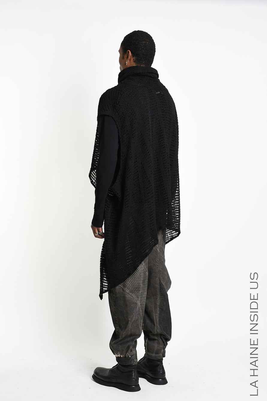 4V W5407 Maxi Sweater - Black Asymmetrical Poncho Mohair Blend Mesh Oversized Double Collar Unisex Made in Italy