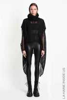 4V W5407 Maxi Sweater - Black Asymmetrical Poncho Mohair Blend Mesh Oversized Double Collar Unisex Made in Italy