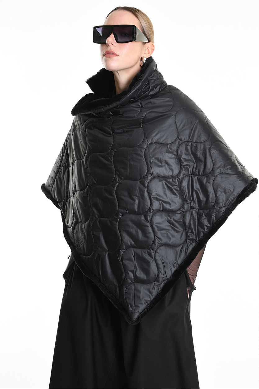 4- W5166 PONCHO Double-faced in Quilted Nylon, UNISEX, Black. TEPHRA