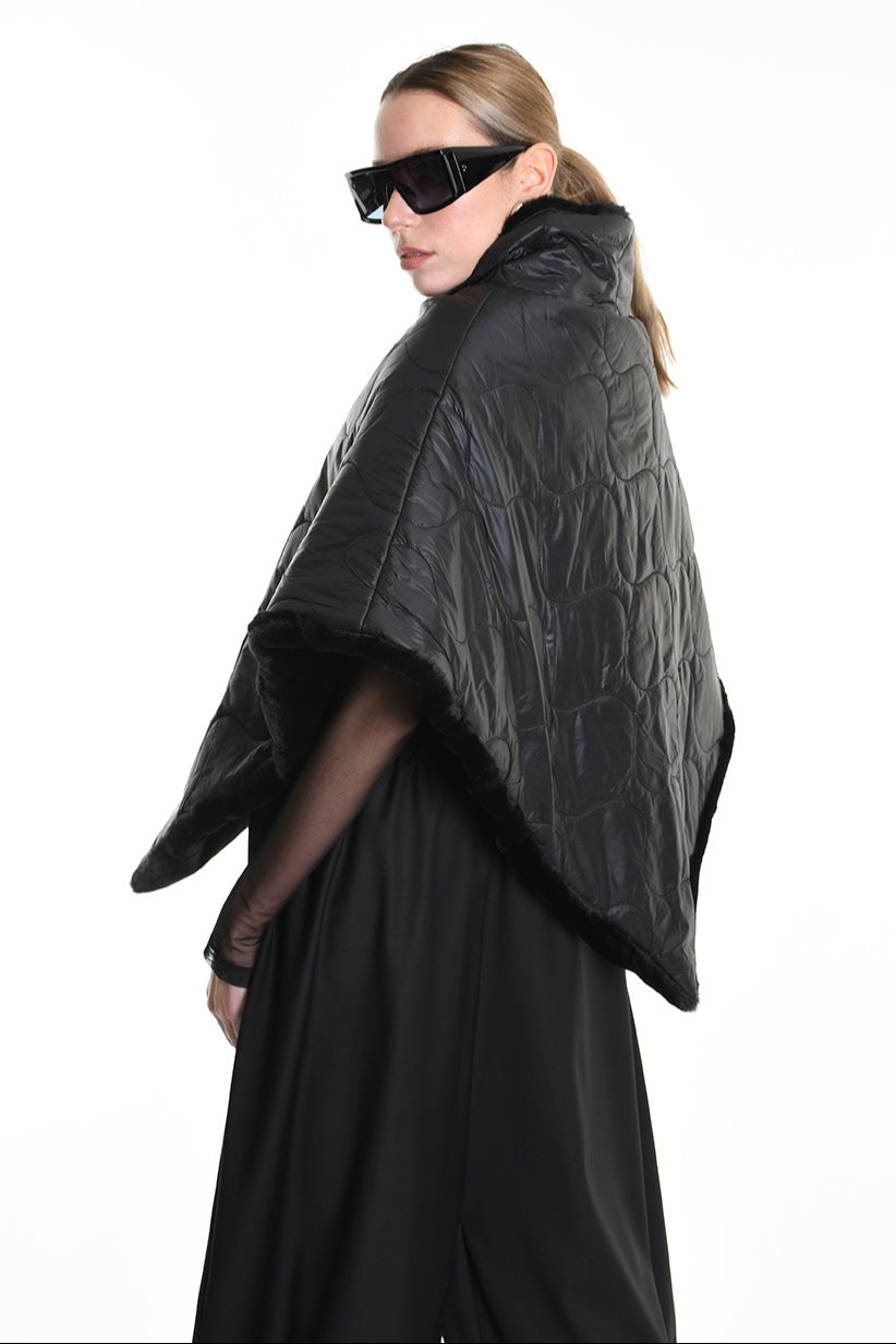 4- W5166 PONCHO Double-faced in Quilted Nylon, UNISEX, Black. TEPHRA
