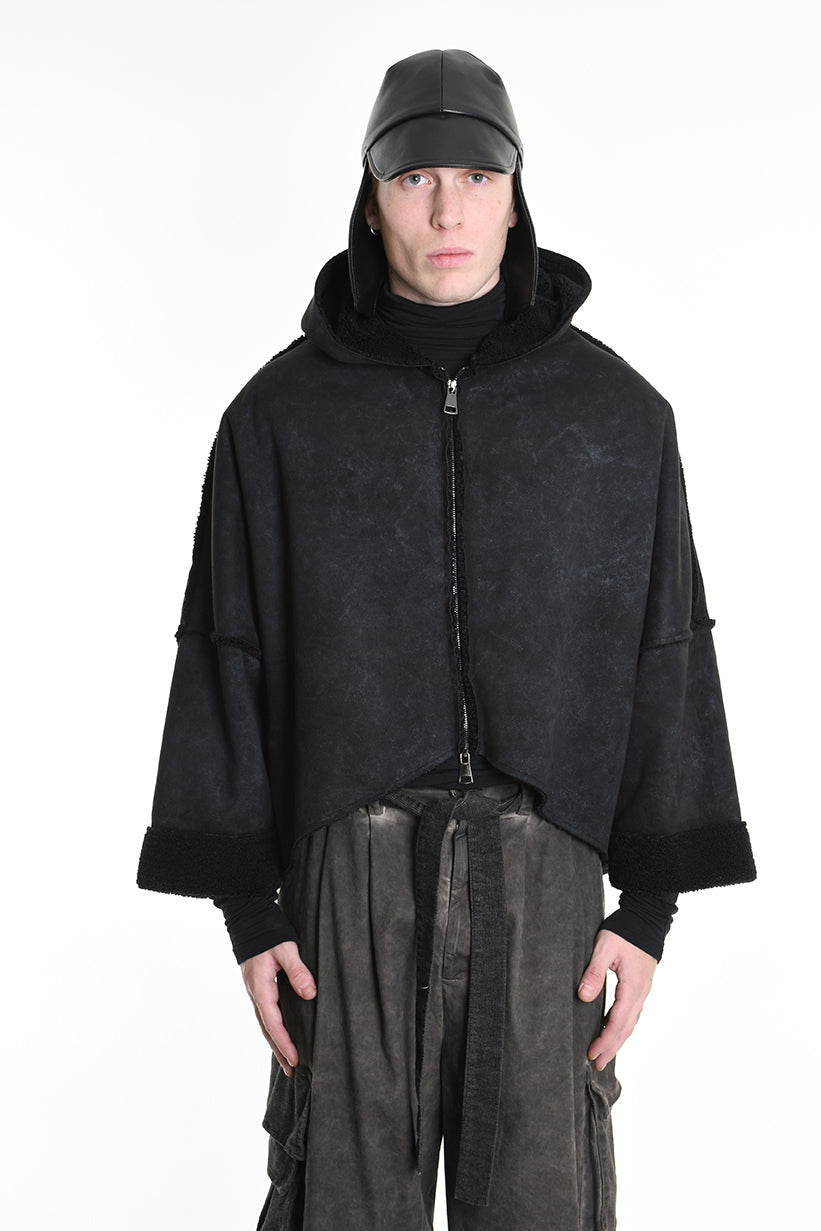4- W5168 JACKET Oversized in Marbled Faux Shearling, UNISEX, Black. TEPHRA