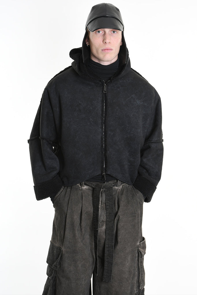 4- W5168 JACKET Oversized in Marbled Faux Shearling, UNISEX, Black. TEPHRA