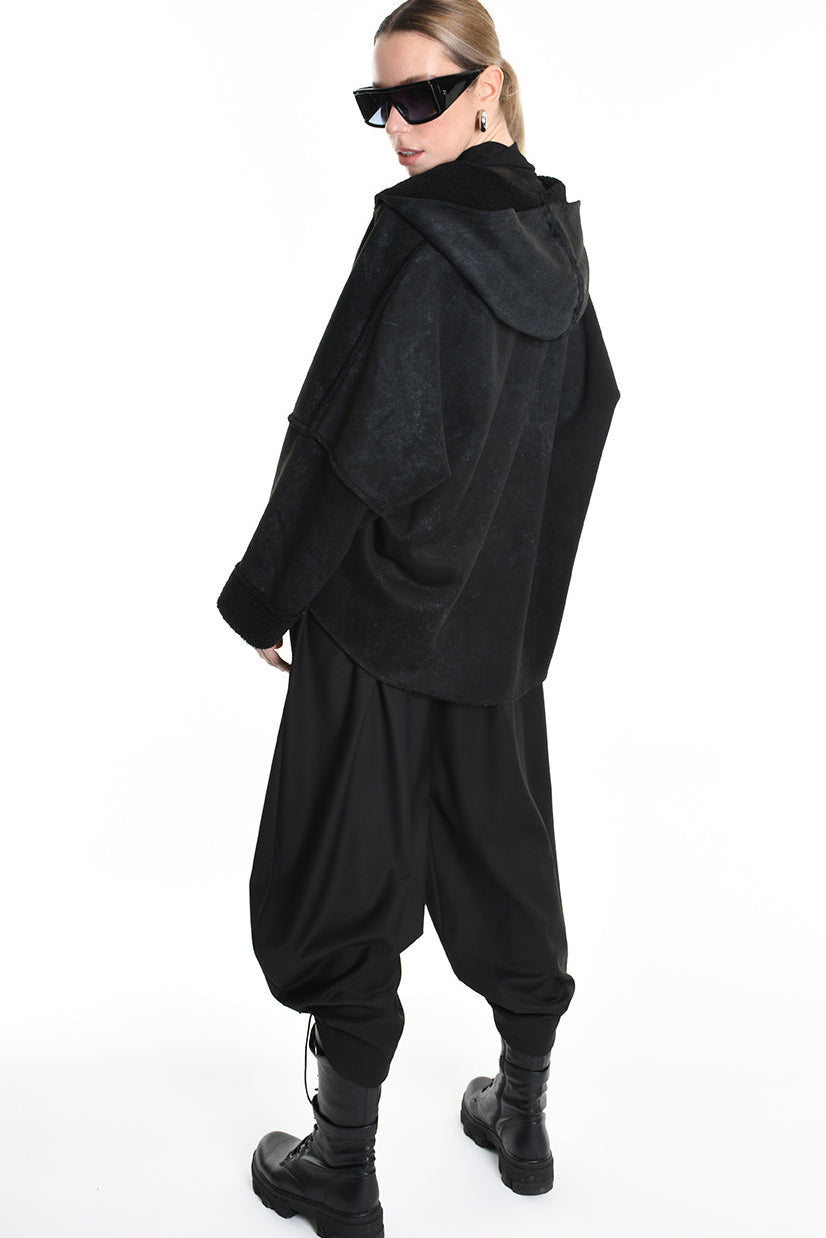 4- W5168 JACKET Oversized in Marbled Faux Shearling, UNISEX, Black. TEPHRA