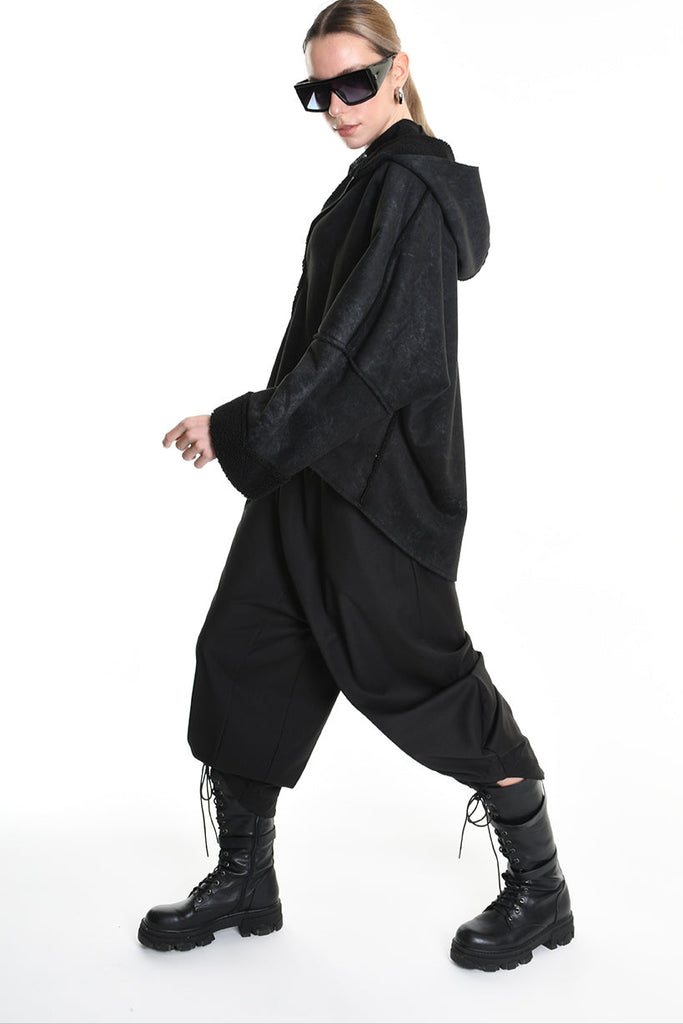 4- W5168 JACKET Oversized in Marbled Faux Shearling, UNISEX, Black. TEPHRA