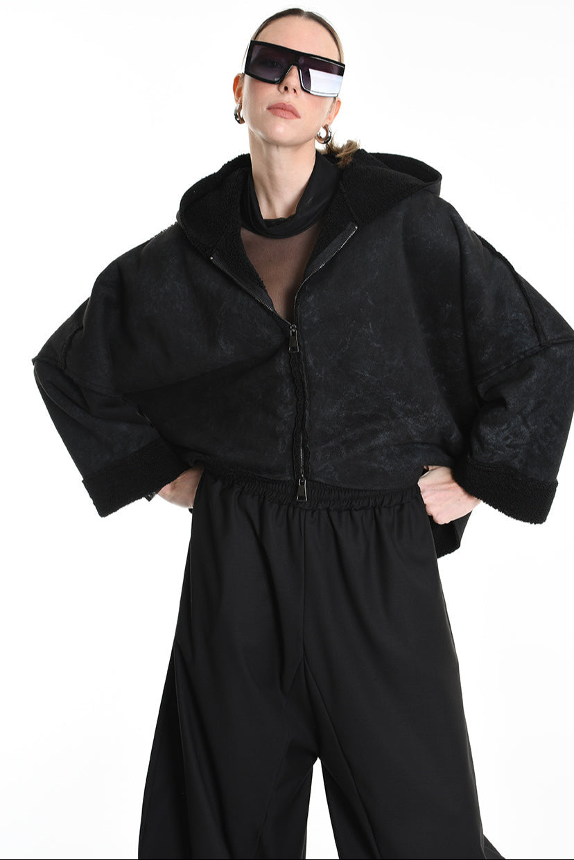 4- W5168 JACKET Oversized in Marbled Faux Shearling, UNISEX, Black. TEPHRA