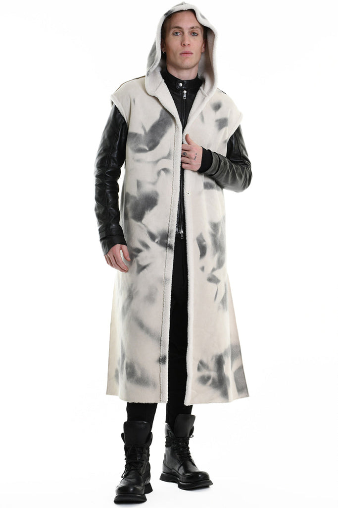 4- W5169 SLEEVELESS COAT in Printed Dyed Faux Shearling, UNISEX, White. TEPHRA