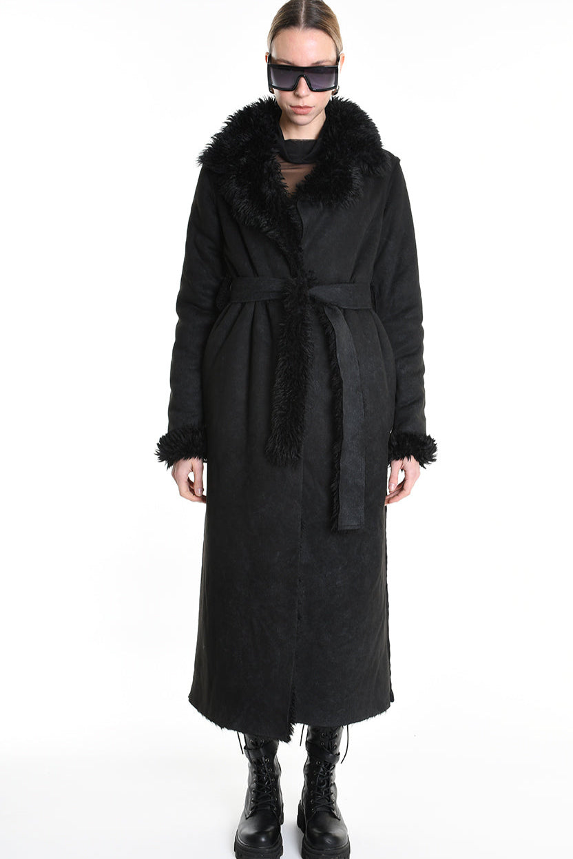 4- W5171 COAT in Garment-Dyed Marbled Faux Shearling, Black. LA HAINE INSIDE US