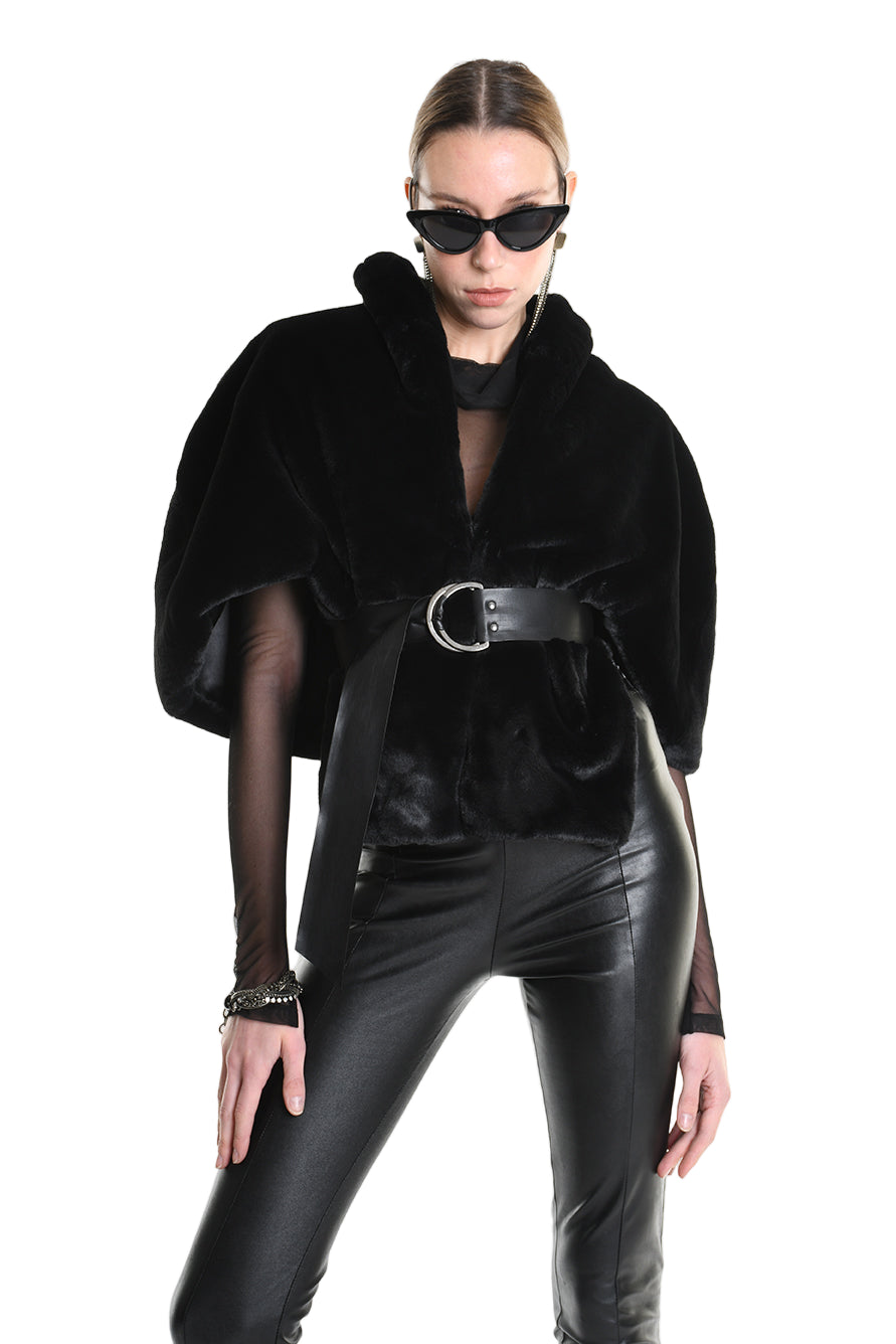 4- W5172 CAPE in Lined Faux Fur, Black. LA HAINE INSIDE US