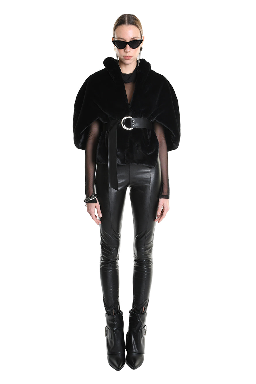 4- W5172 CAPE in Lined Faux Fur, Black. LA HAINE INSIDE US
