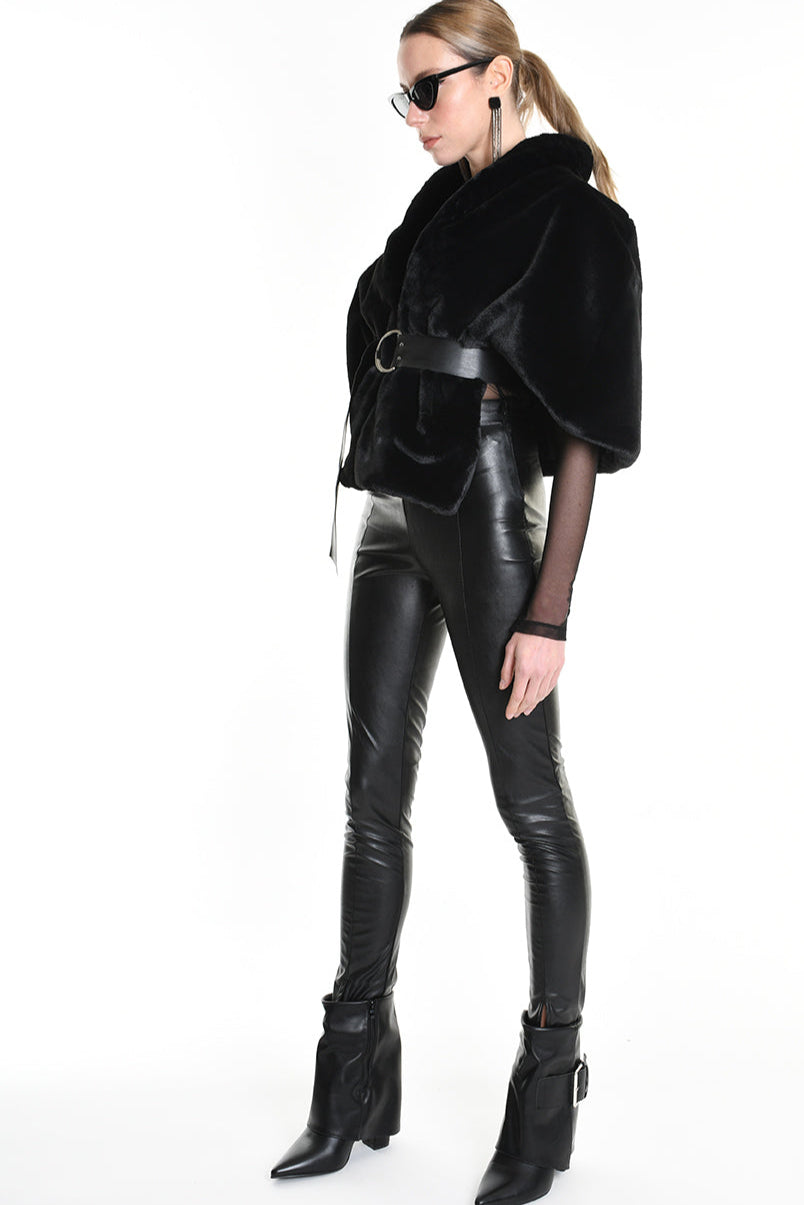 4- W5172 CAPE in Lined Faux Fur, Black. LA HAINE INSIDE US
