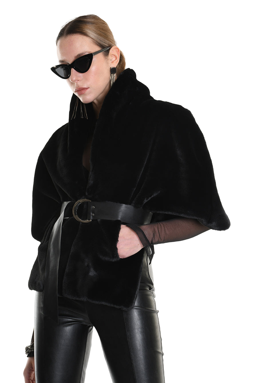 4- W5172 CAPE in Lined Faux Fur, Black. LA HAINE INSIDE US