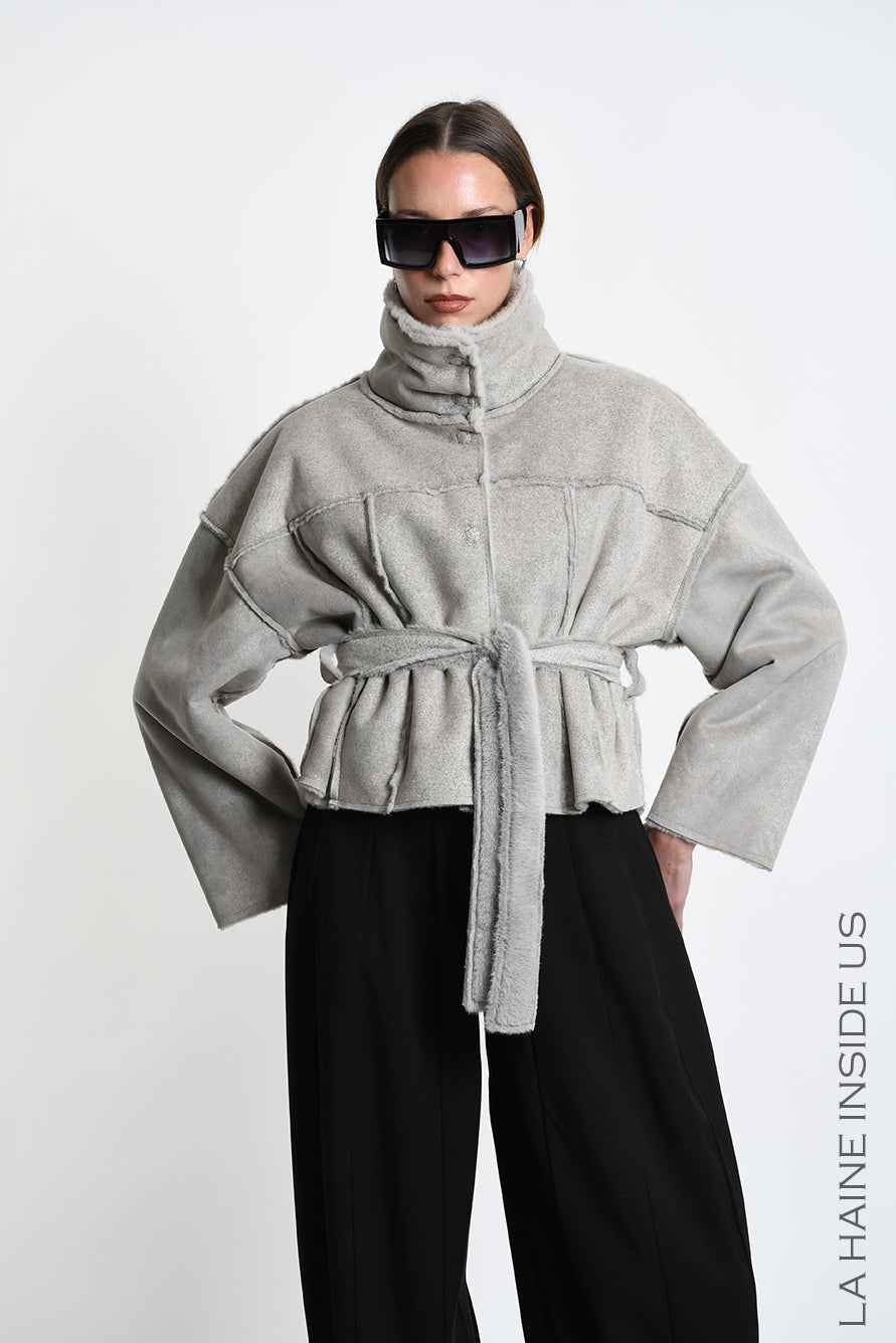 4- W5396 SPORT JACKET Over Crop faux Sheepskin Doubleface Dyed Cold Sand