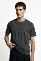 LA HAINE INSIDE US M1294 grey cold-dyed cotton T-shirt, front view with hem held to show drape