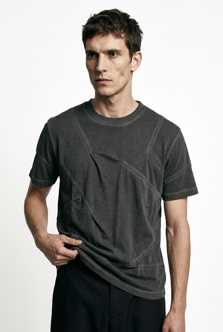 LA HAINE INSIDE US M1294 grey cold-dyed cotton T-shirt, front view with hem held to show drape