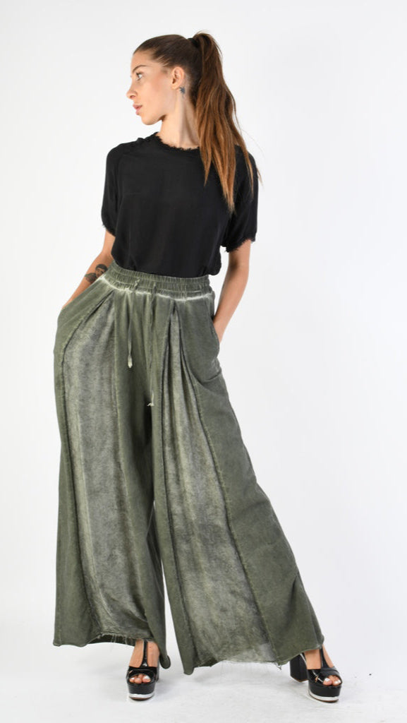 A39B SM27925 TROUSERS in Cotton & Viscose Silk Fleece Olive