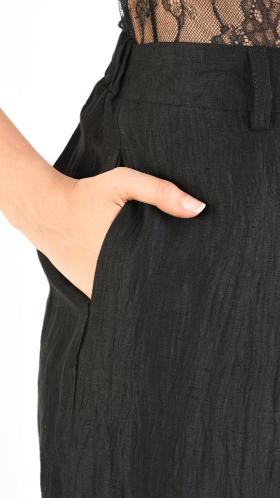 A39B SM29025 Straight TROUSERS in Black Crush Linen