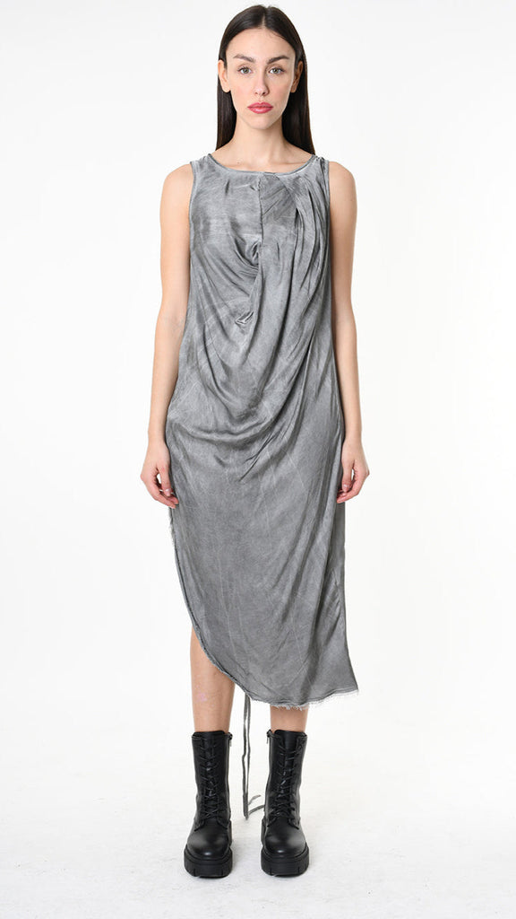 A39B SM41325 DRESS Viscose Satin Grey with Draped Collar and Asymmetric Cut