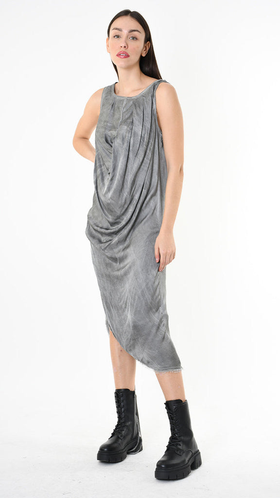 A39B SM41325 dress in viscose satin, draped collar, asymmetric cut in grey-black-olive.