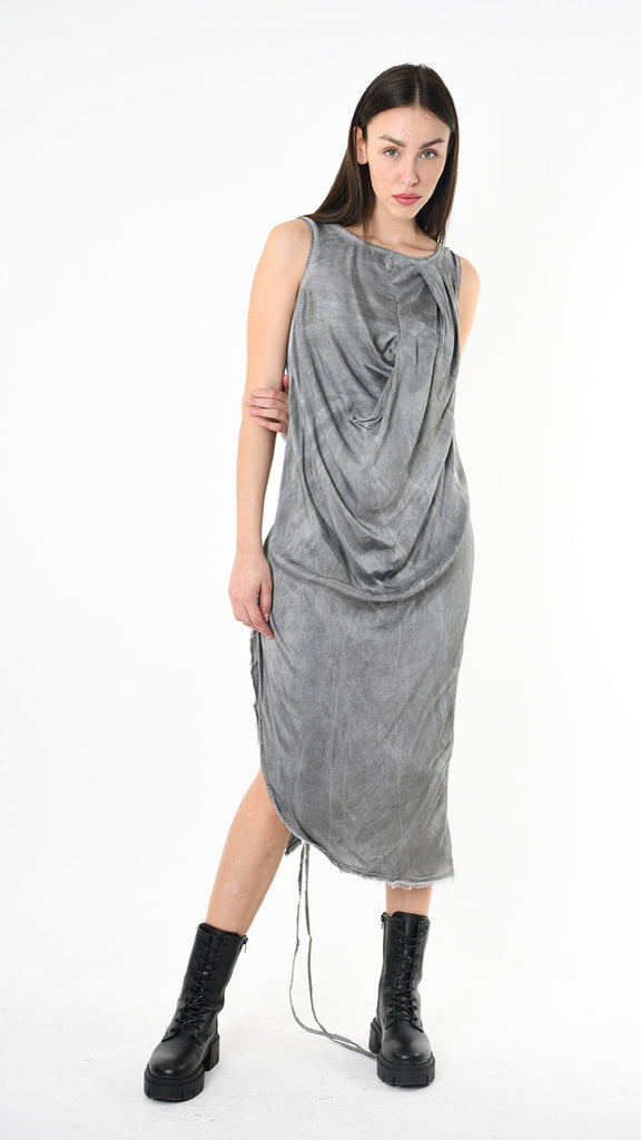 A39B SM41325 DRESS Viscose Satin Grey - Black - Olive with draped collar and asymmetric cut.