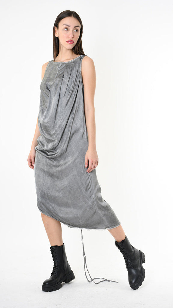 A39B SM41325 Viscose Satin Dress in Grey, Black, Olive with Asymmetric Cut