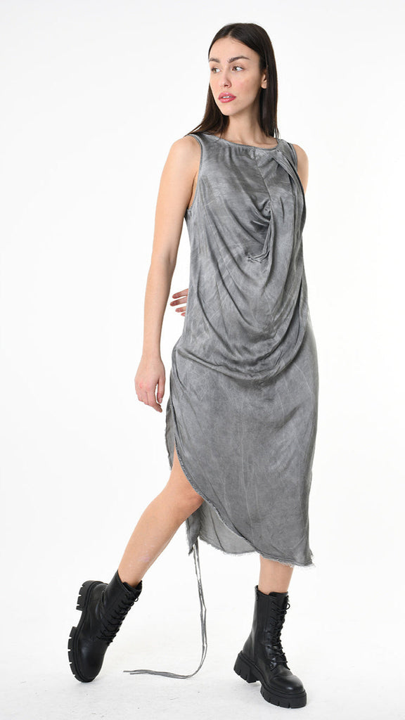 Luxurious A39B SM41325 Viscose Satin Dress in Grey, Black, Olive with Draped Collar.