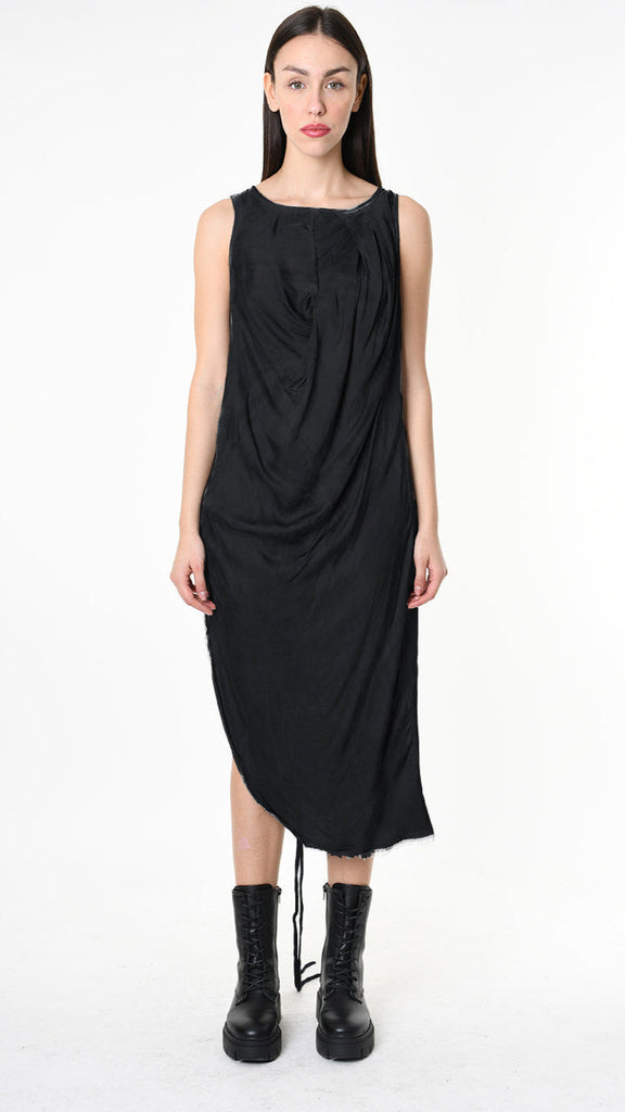 A39B SM41325 DRESS Viscose Satin Grey - Black - Olive with draped collar and asymmetric cut.