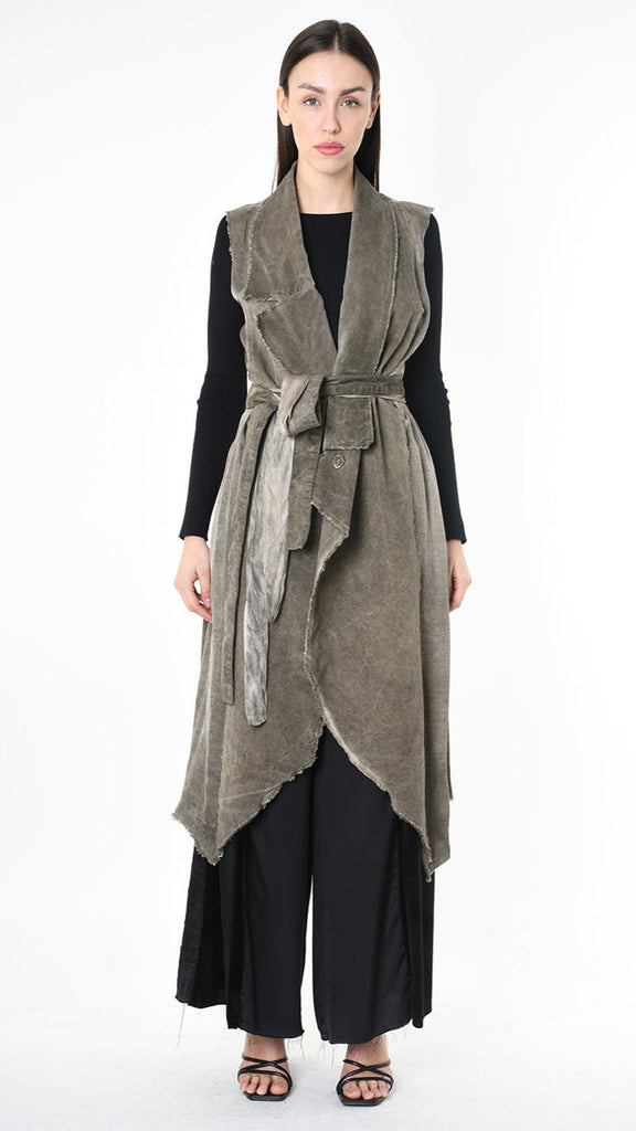 A39B SM41925 Gilet in black and grey olive with asymmetric design and velvet fabric.