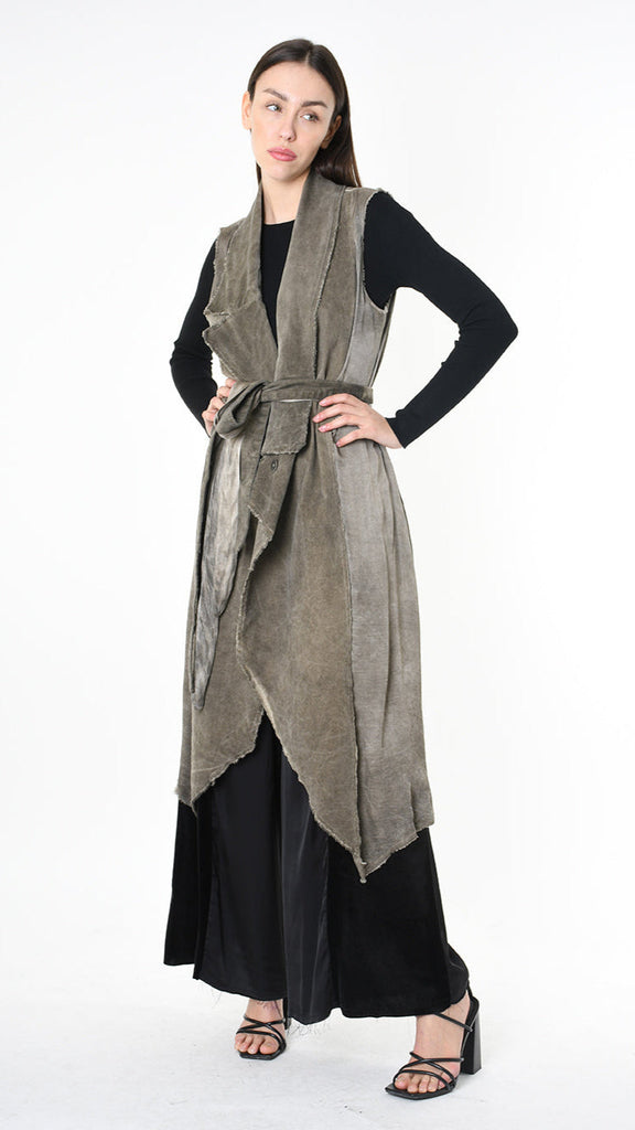 A39B SM41925 GILET in black, grey olive velvet with viscose inserts, asymmetric design.