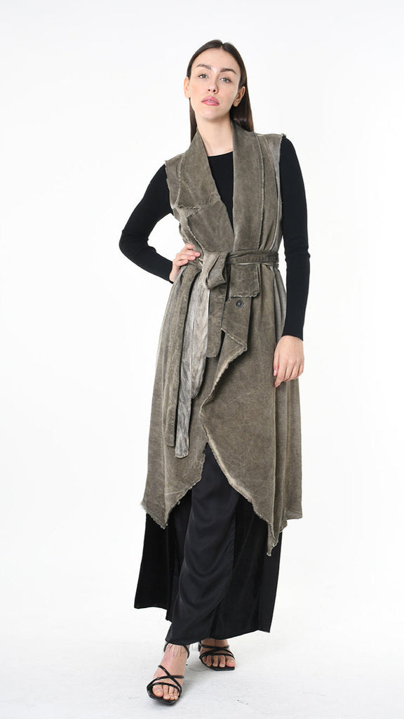 A39B SM41925 GILET in black and grey olive canneté velvet, featuring viscose inserts and asymmetric design.