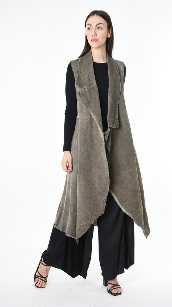 A39B SM41925 GILET in black and grey olive, asymmetric canneté velvet with viscose inserts.