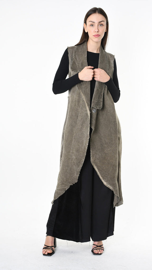 A39B SM41925 GILET in black-grey olive, asymmetric canneté velvet, viscose inserts, Italian luxury.