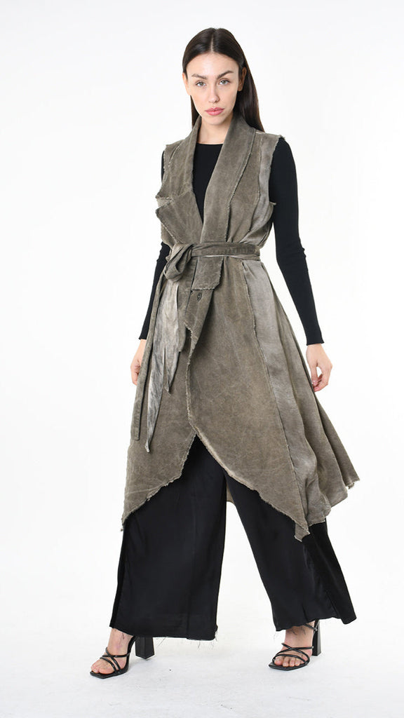 A39B SM41925 GILET in black and grey olive, canneté velvet and viscose, asymmetric design.