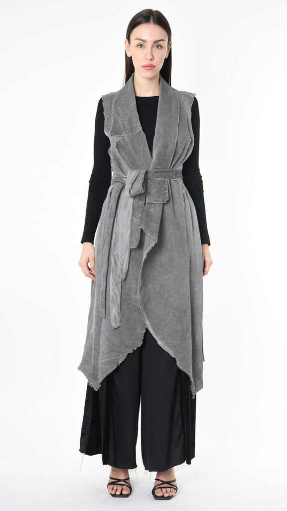 A39B SM41925 GILET in black and grey olive canneté velvet with viscose inserts, asymmetric design.