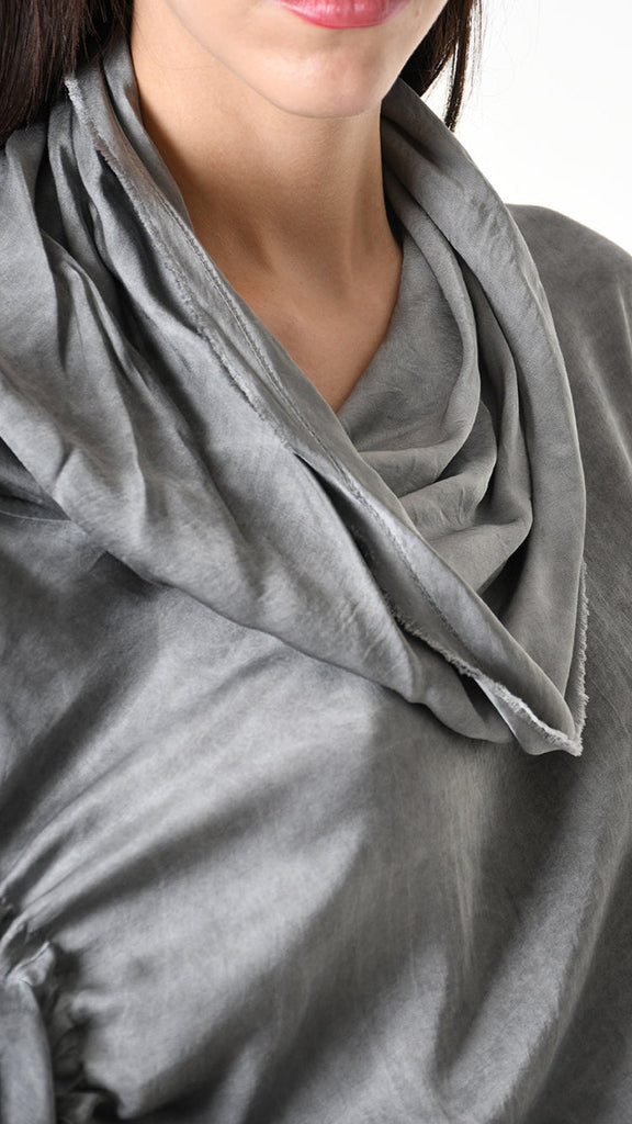 A39B SM42725 satin viscose dress in grey with high neck design.