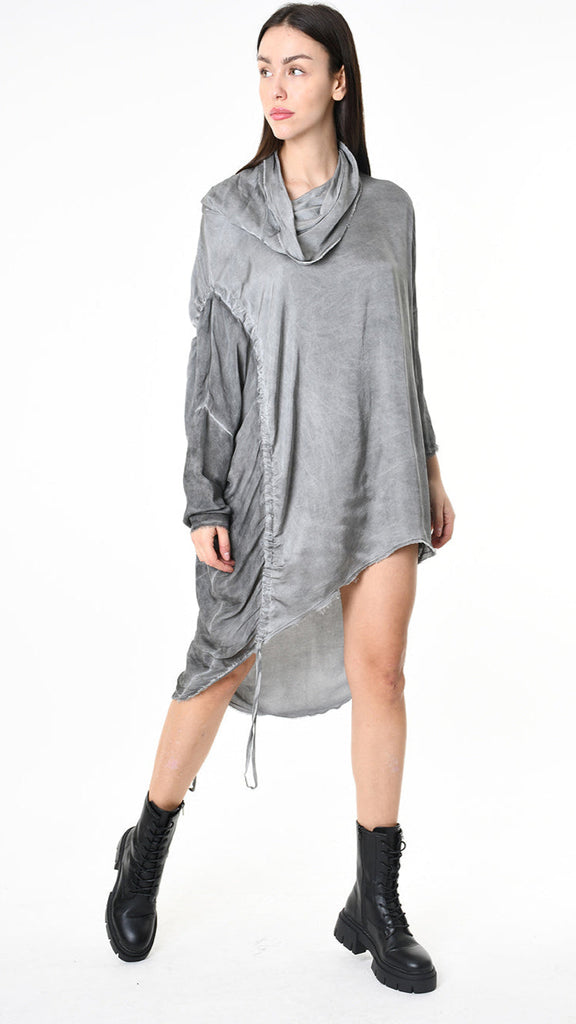 A39B SM42725 satin viscose and silk dress in grey-black-olive with high neck and coulisse details.