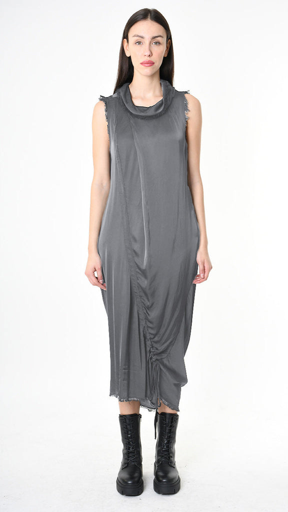 Sleeveless viscose satin dress in grey with Coulisse design, made in Italy.