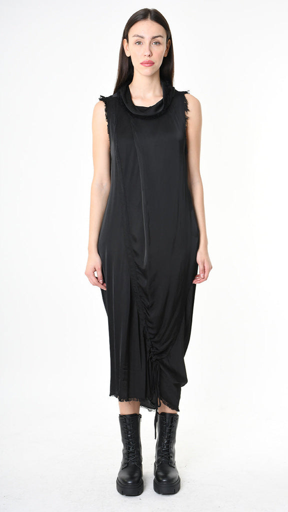 A399B SM45025 Dress in black satin viscose, sleeveless with Coulisse design.