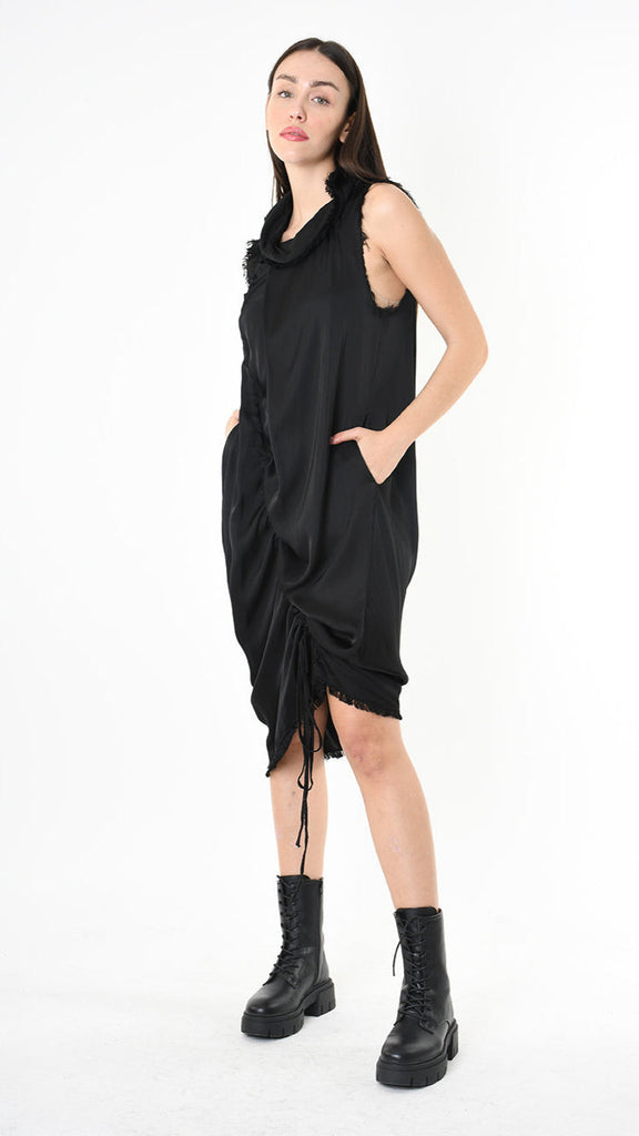 A399B SM45025 luxury sleeveless satin viscose dress, cold dyed black.