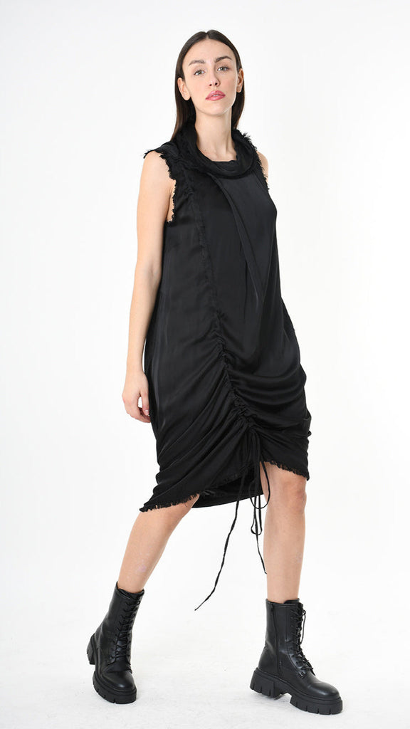 A399B SM45025 Dress in black viscose satin with Coulisse design.