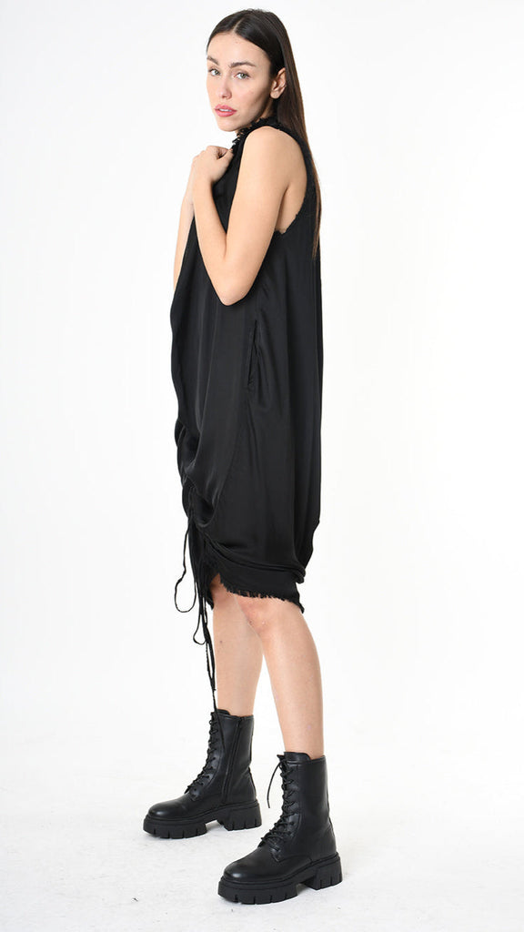 A399B SM45025 sleeveless dress in viscose satin, cold dyed, available in grey, black, and olive.