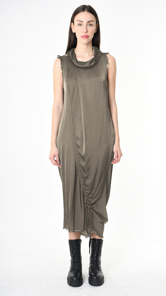 A399B SM45025 sleeveless satin viscose dress in olive.