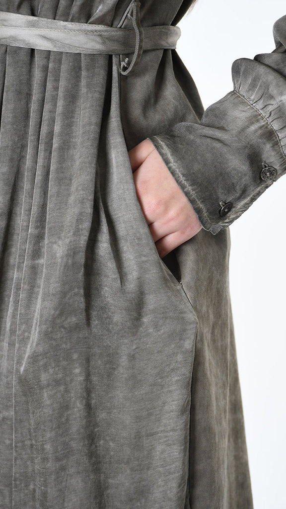 A39B SM45125 Trench coat in grey cotton gabardine with viscose satin inserts, asymmetrical design.