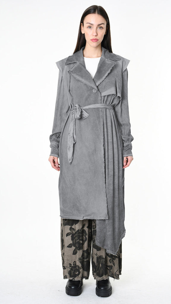 A39B SM45125 Trench in grey cotton gabardine with viscose satin inserts.