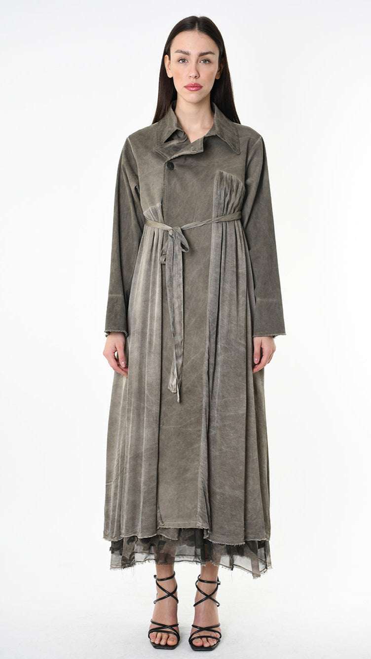 A39B SM45825 TRENCH Gabardine & Viscose Satin Gray Storm - Green - Black