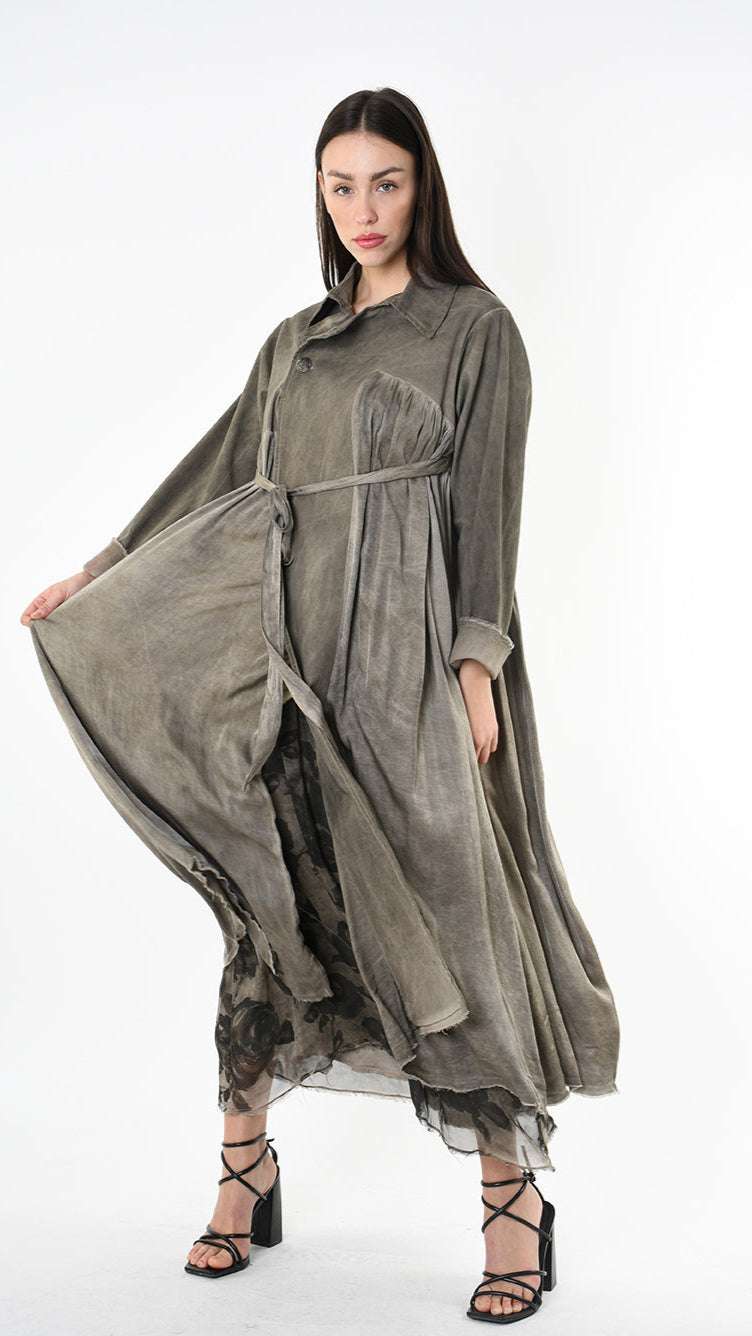 A39B SM45825 TRENCH Gabardine & Viscose Satin Gray Storm - Green - Black