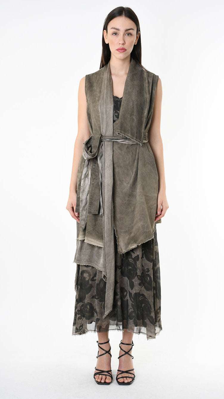 A39B SM46425 Asymmetrical Cotton & Viscose Gabardine GILET Green Tuscany - Grey