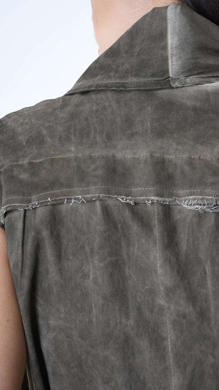 A39B SM46425 Asymmetrical Cotton & Viscose Gabardine GILET Green Tuscany - Grey