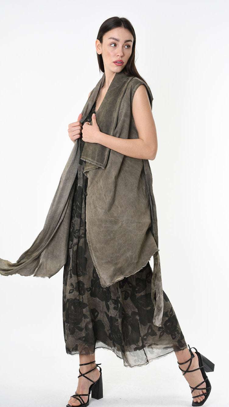 A39B SM46425 Asymmetrical Cotton & Viscose Gabardine GILET Green Tuscany - Grey