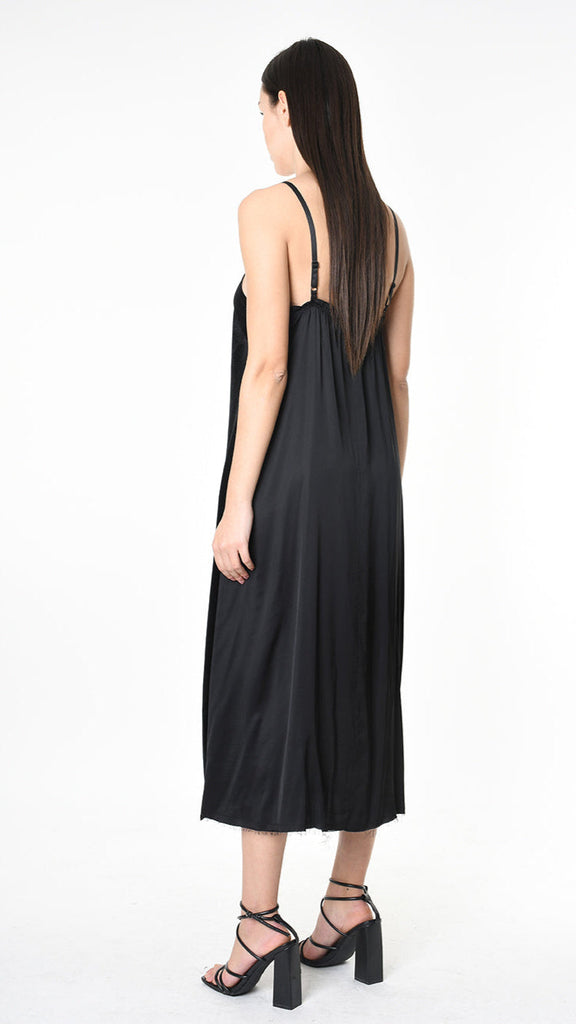 A39B SM46825 DRESS in cold black chenille and satin viscose, rear view.