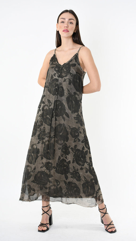 A39B SM48825 DRESS in green with floral print, crafted from Tencel viscose, showcasing hand-printed Italian luxury.